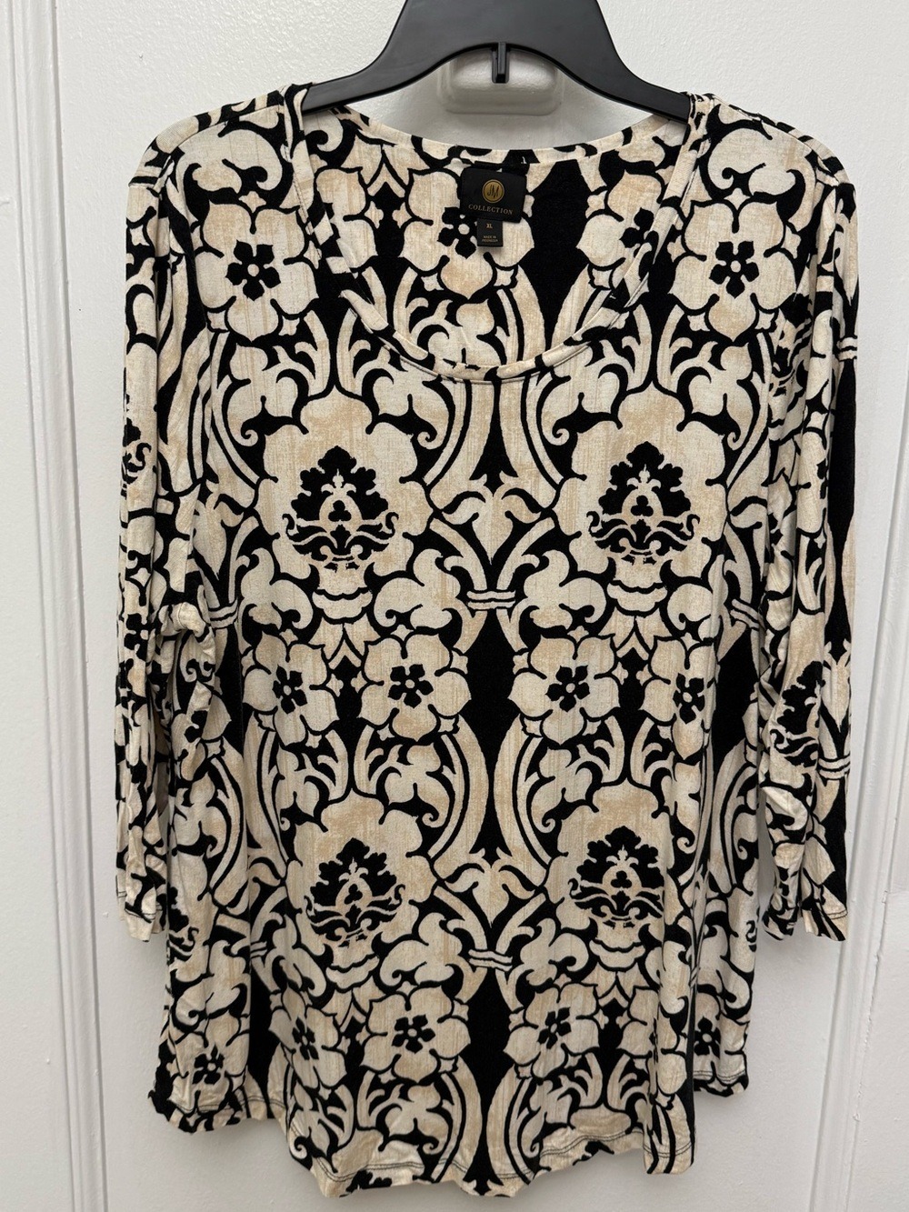 JM Collection Black & Cream Floral Patterned Scoop Neck Long-Sleeve Top Size XL